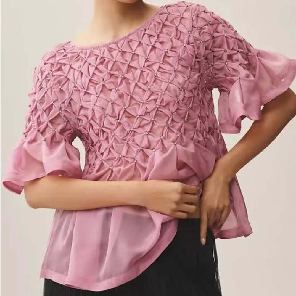 Anthropologie Maeve SHORT-SLEEVE RHINESTONE SHEER BABYDOLL BLOUSE
